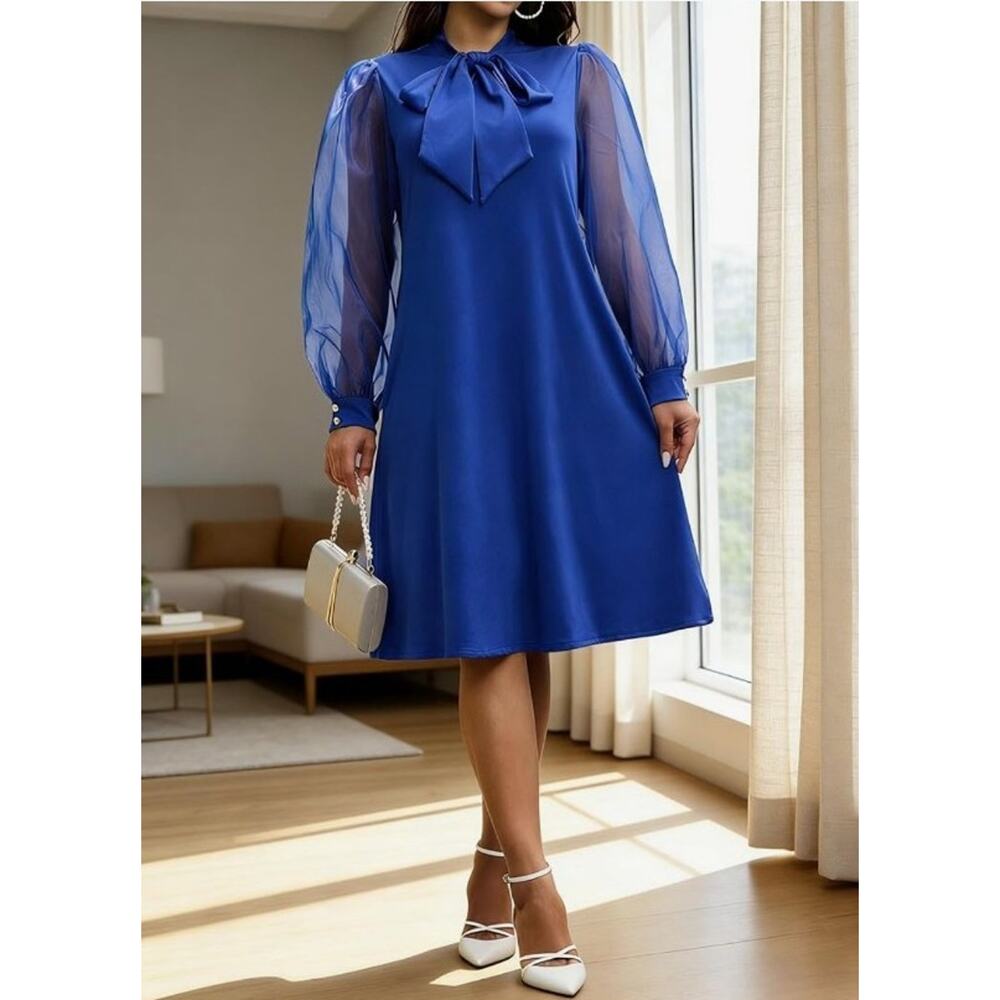 #187 MSRP $42 NWT EKALIY SHEER PUFF SLEEVE TRAPEZE DRESS ♡SIZE MEDIUM♡